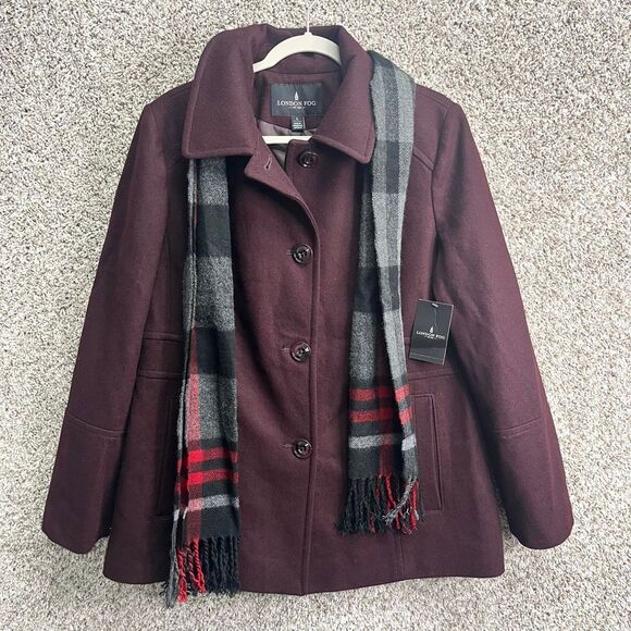 London Fog Coat Women’s Large Burgundy Red Winter with Plaid Scarf NWT - Picture 1 of 9